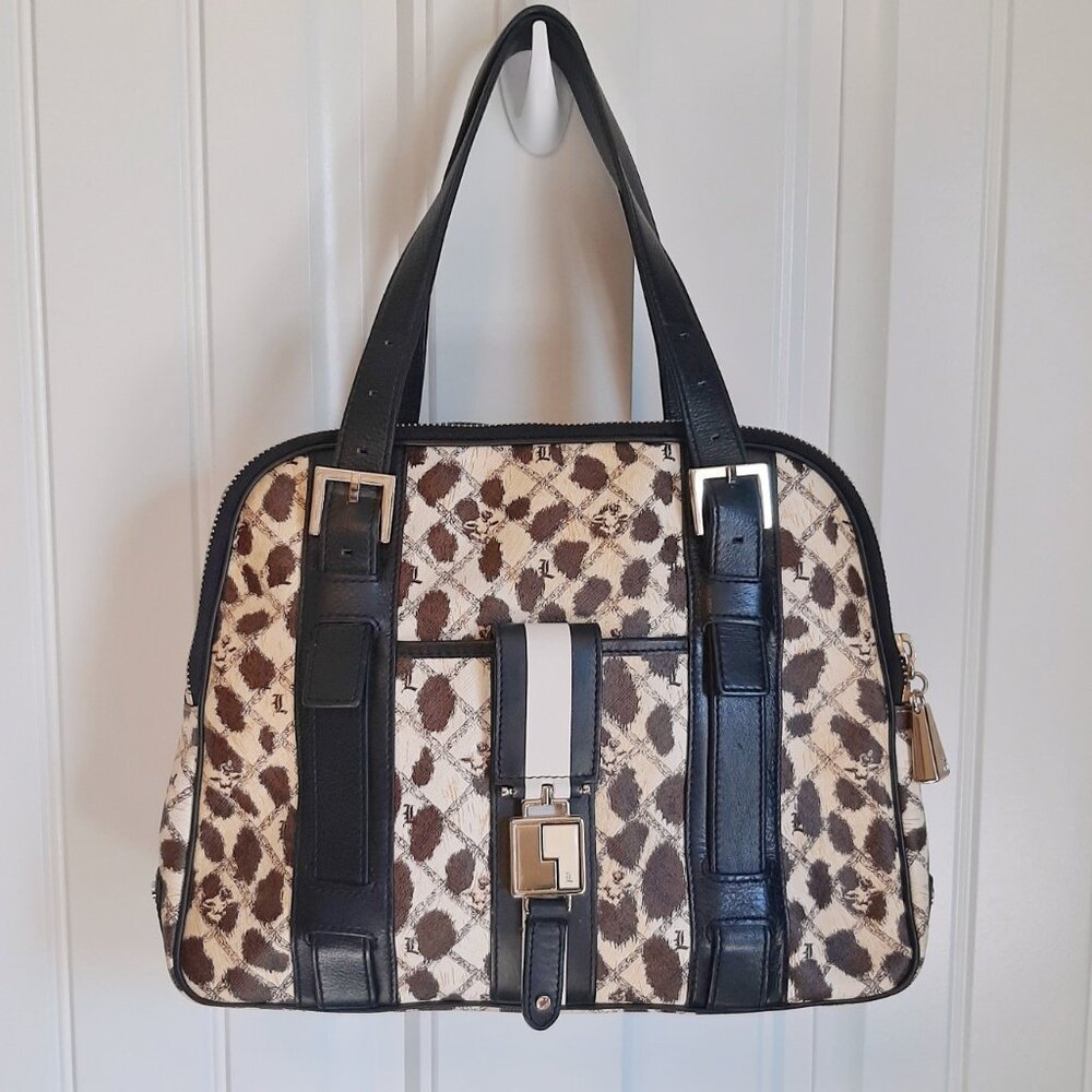 L.A.M.B. Y2K Leopard Print Coated Canvas Black Leather Shoulder Bag Satchel
